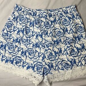 Simple Blue and White Floral High Waist Women's Shorts